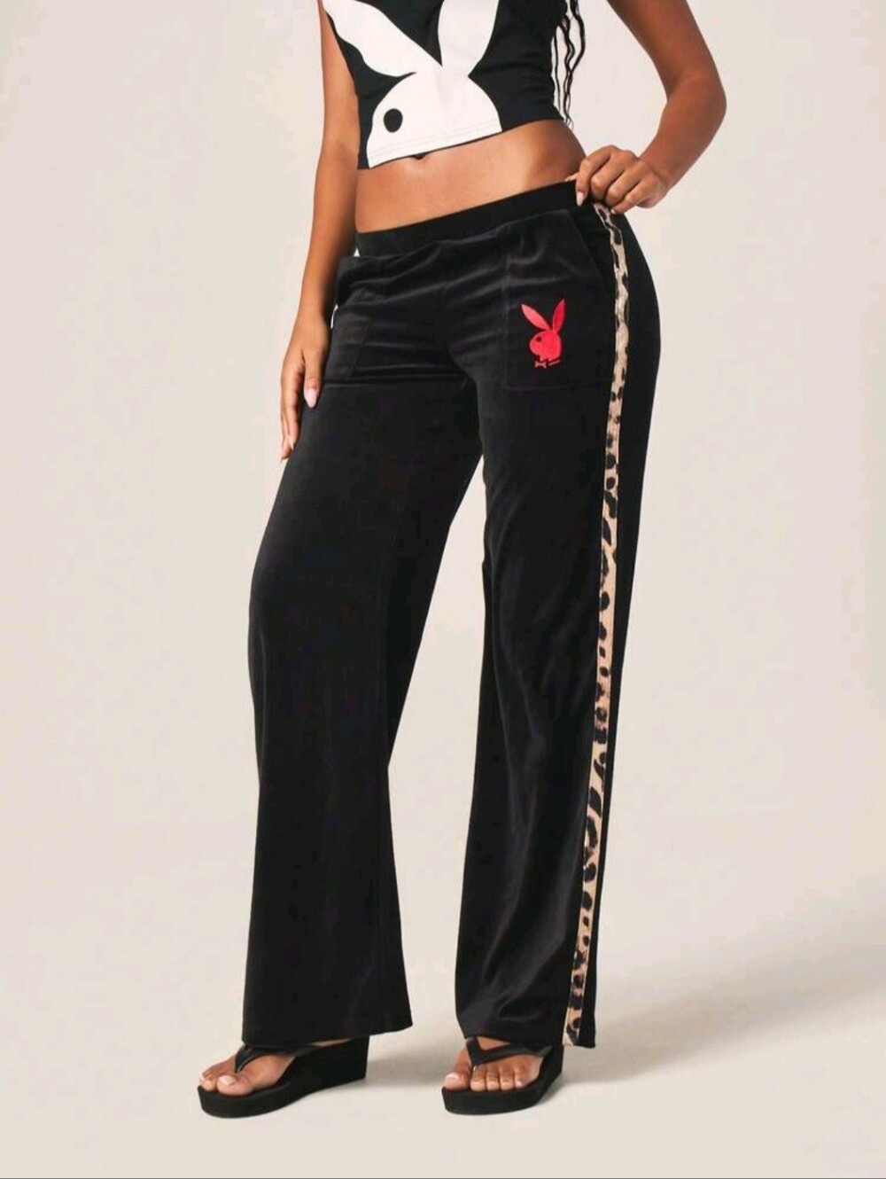 PLAYBOY Black Velour Pants with Red Bunny and Leopard Stripe - Picture 1 of 3